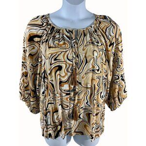 Ruby Rd 1X Abstract Swirl Print Blouse Keyhole Tailored Tie Front Quarter Sleeve